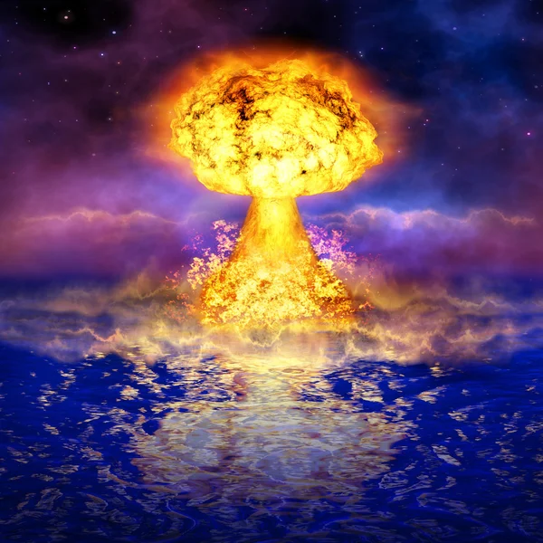 Explosão nuclear num oceano. Uma bomba atómica poderosa. Um reso alto — Fotografia de Stock