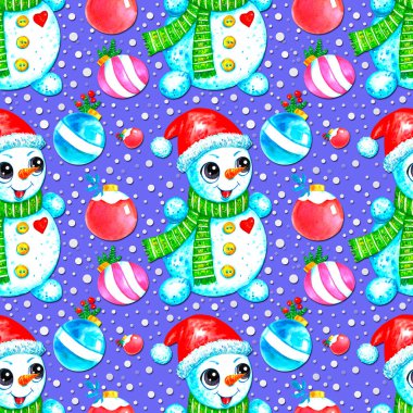 Kusursuz Noel desenli kardan adam ve mavi arka planda noel baloları.