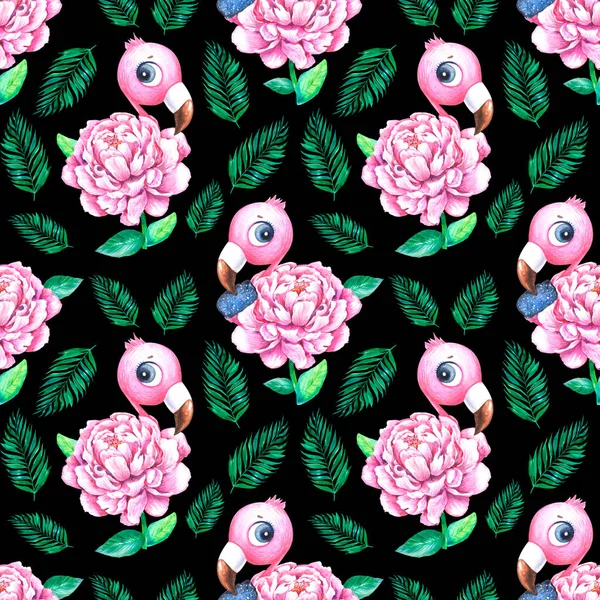 Watercolor seamless pattern flower in the shape of a flamingo with tropical leaves2.