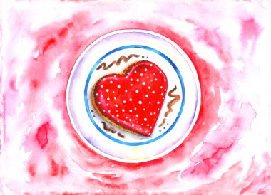 Sevgililer Günü için kutlama ziyafeti, aşk ilanı. Suluboya çizimi