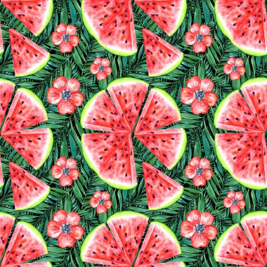 Karpuz, çiçek ve yeşil yapraklı kusursuz desen. Karşıtlık renklendirmesi