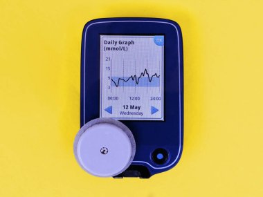 Sürekli glikoz izleme ve beyaz sensör için CGM Aygıtı. Günlük grafik ekranda. Sarı arka plan. Diyabet türü 1. İnsülin bağlıdır