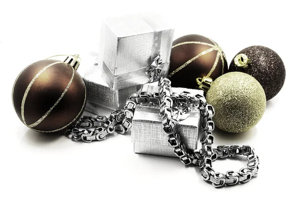 Christmas balls and steel necklace — Stock Photo, Image