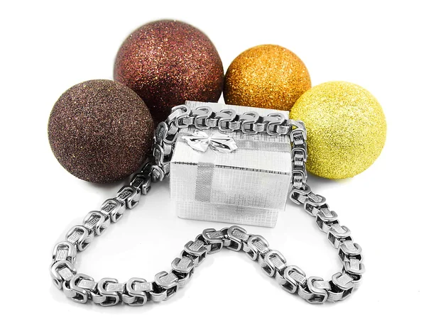 Christmas balls and silver chain — Stock Photo, Image