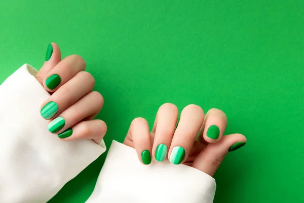 Beautiful Groomed Woman Hands Spring Summer Nail Design Green Background — Stock Photo, Image