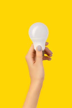 LED enerjisini elinde tutan kadınlar mavi arkaplanda ampulleri saklıyorlar