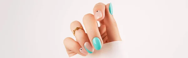 Womans hand with trendy turquoise manicure with copy space — Stock Photo, Image