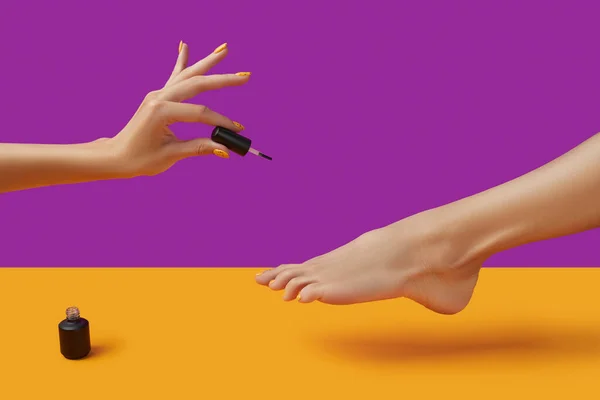 Женские ноги и руки с летним дизайном ногтей на оранжевом и фиолетовом фоне. Лечение тела — стоковое фото