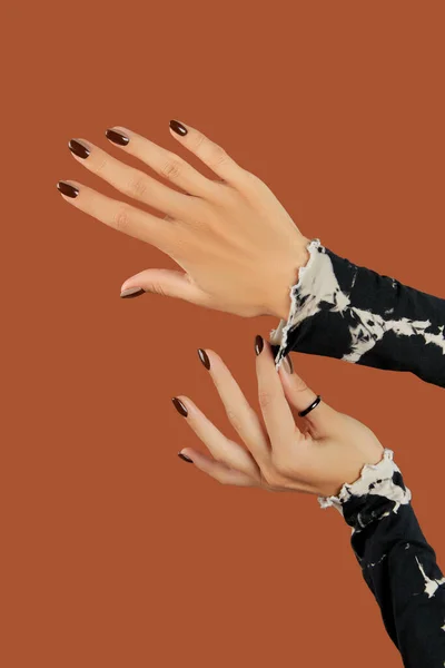 女人的手与时髦的棕色修指甲。秋季指甲设计 — 图库照片