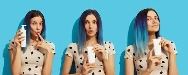 Collage con mujer joven adulta con pelo azul sobre fondo brillante —  Fotos de Stock