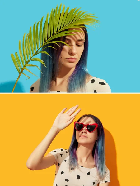 Collage con mujer joven adulta con pelo azul sobre fondo brillante — Foto de Stock