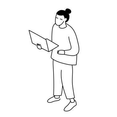 Ekrana bakarken ayakta duran ve elinde dizüstü bilgisayar tutan bir kadının minimum çizimi. Vektör illüstrasyonu