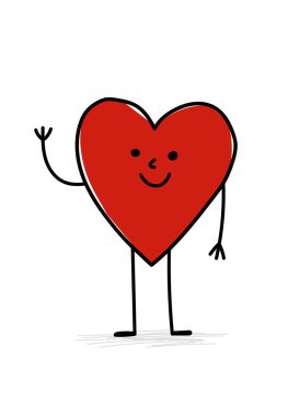 İnce sopalı ve bacaklı gülen kırmızı kalp karakteri beyaz bir grupta mutlu bir şekilde el sallıyor. Vektör illüstrasyonu