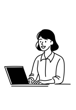 Dizüstü bilgisayarda yazan gülümseyen profesyonel bir kadının siyah beyaz çizimi. Vektör illüstrasyonu