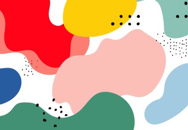 Siyah çizgi aksanlı parlak kırmızı, mavi ve pastel sıvı şekillerinin modern bileşimi. Vektör illüstrasyonu