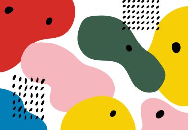 Büyük kırmızı, sarı ve pembe organik damlaların deseni beyaz üzerine dağılmış siyah noktalar. Vektör illüstrasyonu