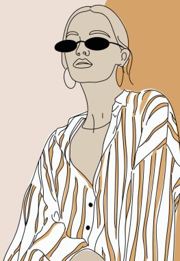 Güneş gözlüklü ve çizgili tişörtlü şık bir kadının minimalist çizgili sanat portresi. Vektör illüstrasyonu