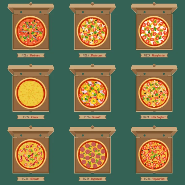 Pizza's in de geopende kartonnen dozen. — Stockvector