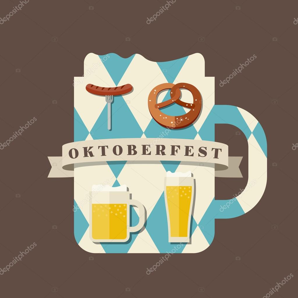 Oktoberfest logo concept. Silhouette mugs of beer in the colors of the Bavarian flag icons with traditional snacks for beer.