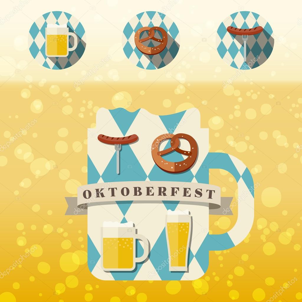 Oktoberfest logo concept. Silhouette mugs of beer in the colors of the Bavarian flag icons with traditional snacks for beer.
