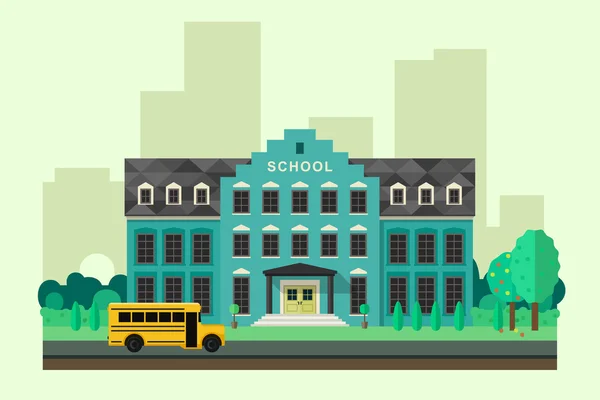 Escuela con autobús . — Vector de stock