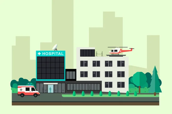Hospital con coche ambulancia y helicóptero . — Vector de stock