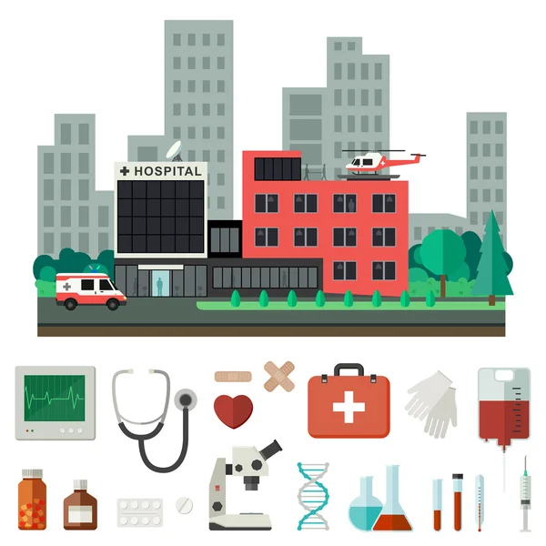 Hospital con iconos médicos . — Vector de stock