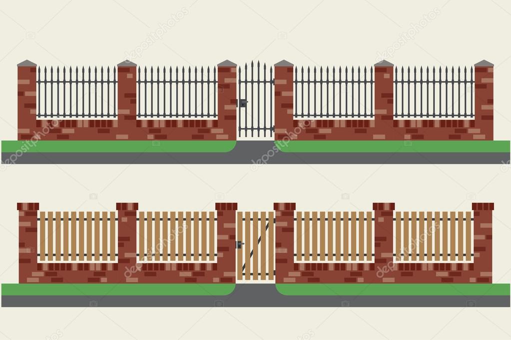 Vallas de ladrillo con madera y metal . Imagen Vectorial ...