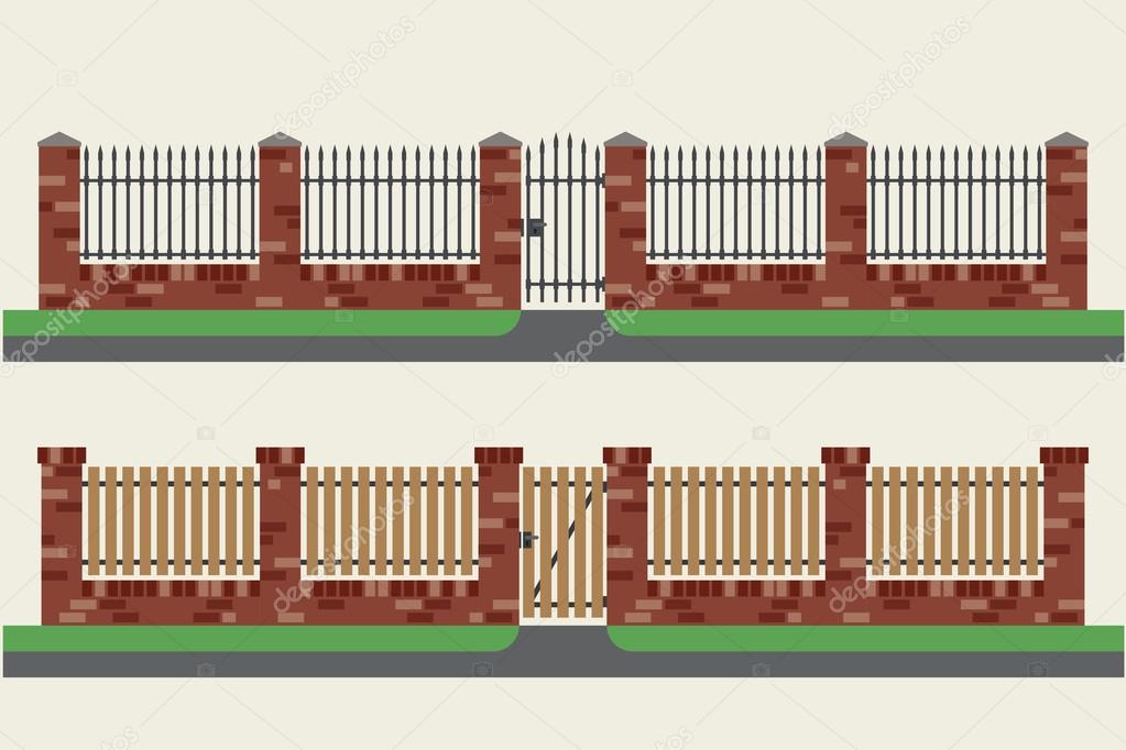 Brick fences with wooden and metal.