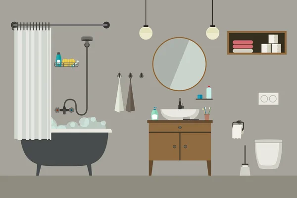 Baño interior con muebles . — Vector de stock