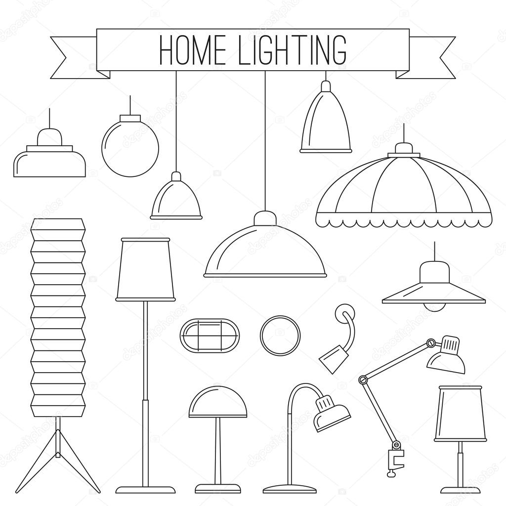 Home lamps thin line icons.