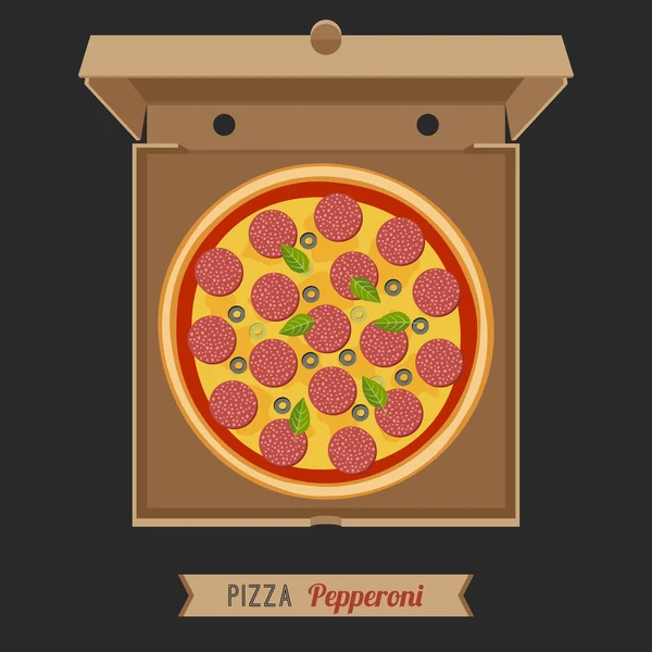 Pizza in de geopende kartonnen doos. — Stockvector