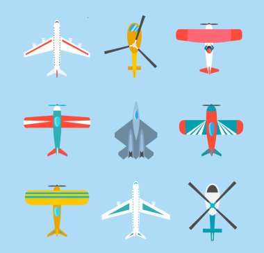 Color airplanes and helicopters icons set