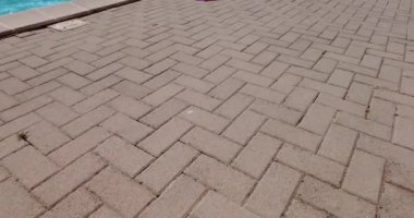 Kafkasyalı bir kadının havuza doğru yürürken ayaklarına bakıp havluyu tutmasını yakından izle. Yürüyen ayaklara bakıyorum..