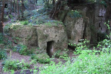 Etrüsk mezarları, yeşil arazide antik mezarlıklar..
