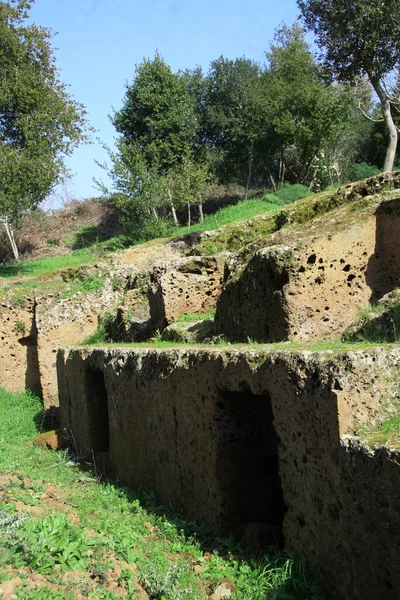 Etruské Hrobky Starobylá Nekropole Zelené Krajině — Stock fotografie