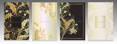 Lüks kapak tasarımı. Siyah, platin ve altın çiçek desenli. Düğün, davetiye, broşür, broşür, broşür, hediye kartı için zarif bir koleksiyon..