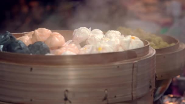 Steam Buns Chinese Snack  steaming in bamboo basket — Stock Video