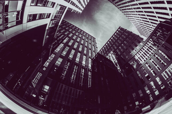 Business office, building workers, background fisheye