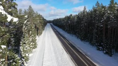 Karlı ormanlar arasındaki küçük kırsal yolun havadan görünüşü