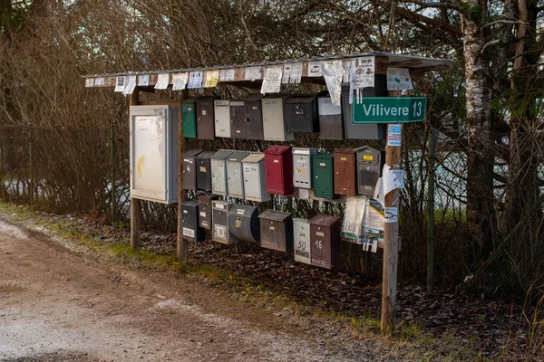 Row Colorful Postboxes Estonian Countryside Mail Boxes Information Board Road — Stock Photo, Image