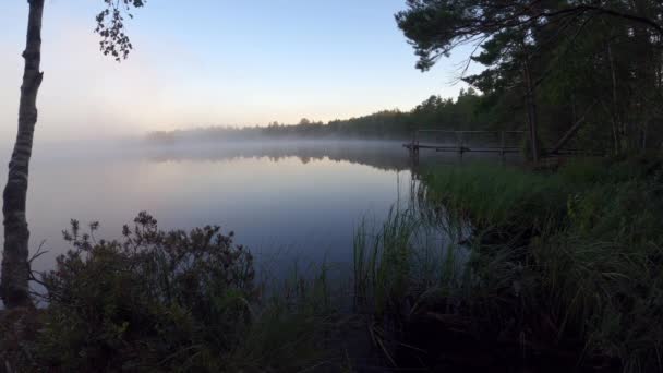 Foggy Morgon Sjö Soluppgången Soluppgång Sjön Antenn Utsikt Över Morgondimman — Stockvideo