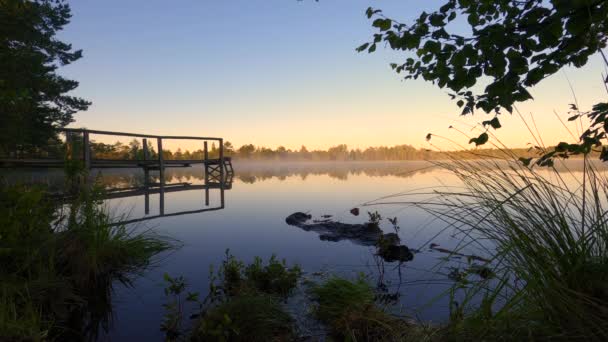 Lago Místico Nascer Sol Filmagens Nevoeiro Manhã Lago Amanhecer Durante — Vídeo de Stock