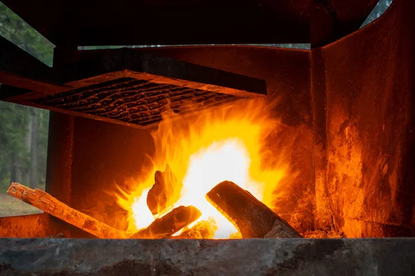 エストニアの森の真ん中にある公共のRmkバーベキューエリア 薪が暖炉で燃えている 暖色系 — ストック写真