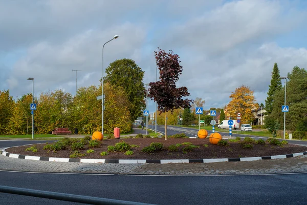 Traffic Roundabout Road Small Estonian City Roundabout Decorated Plants Trees — Fotografia de Stock