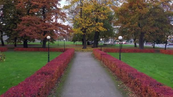 Aerial View City Park Beautiful Cloudy Autumn Day Slow Motion — Stock Video