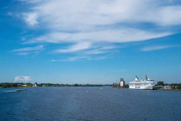 Silja Line cruise ferry stands in Riga Passenger Terminal. Summer sunny day