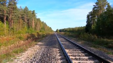 Eski Paslı Çelik Demiryolu 'nda yürüyorum. Güneşli bir sabahta Ormanla Bahar Manzarası
