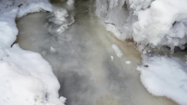 Donmuş nehir, buzun altından akan su. Kış manzarası