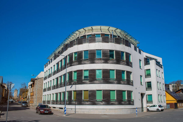 Typical apartment buildings on a sunny spring day. Blue sky at background. Tallinn city center (Estonian - Kesklinn), Herne street.